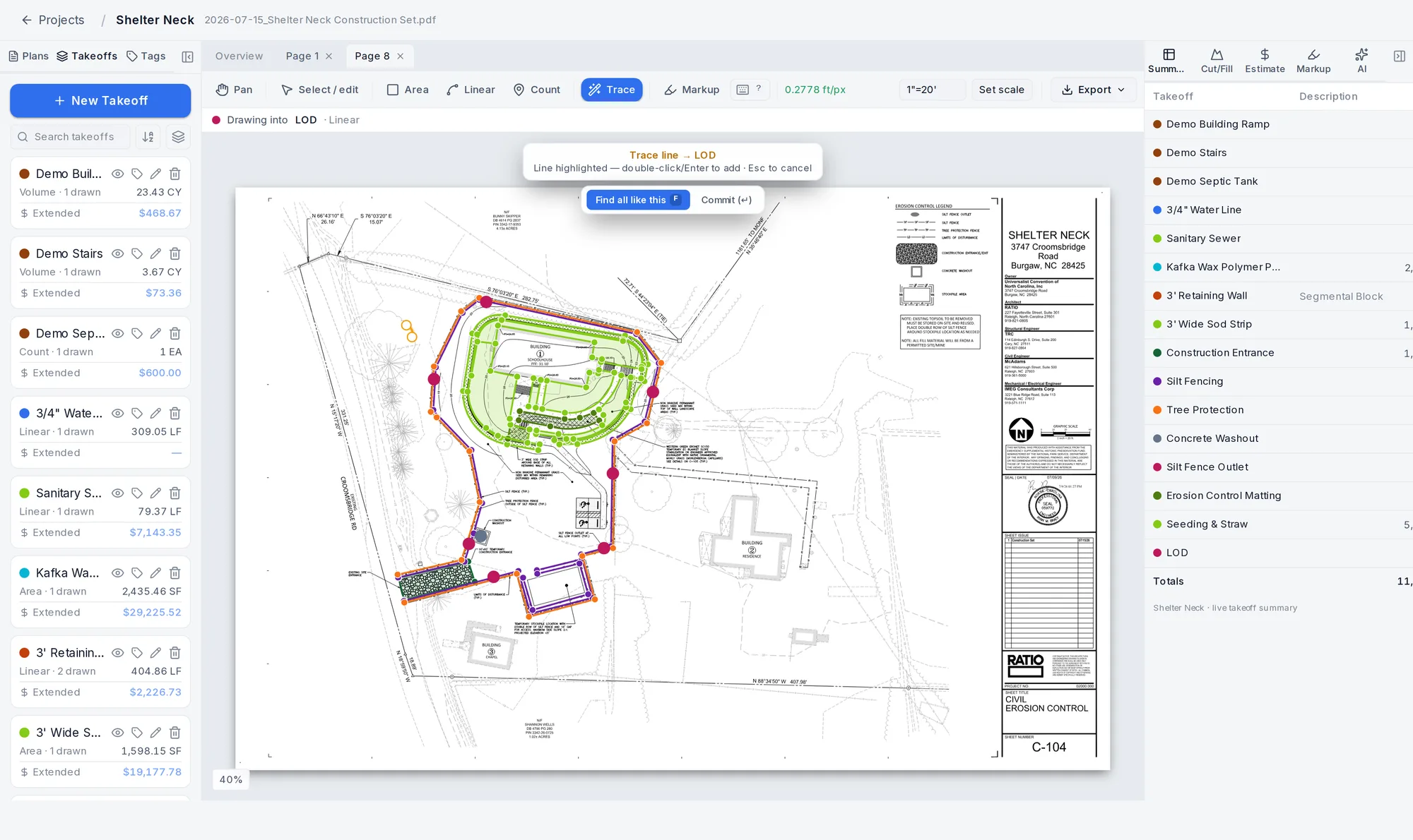 Auto-trace following a line end to end on a real site plan, ready to commit as an editable takeoff