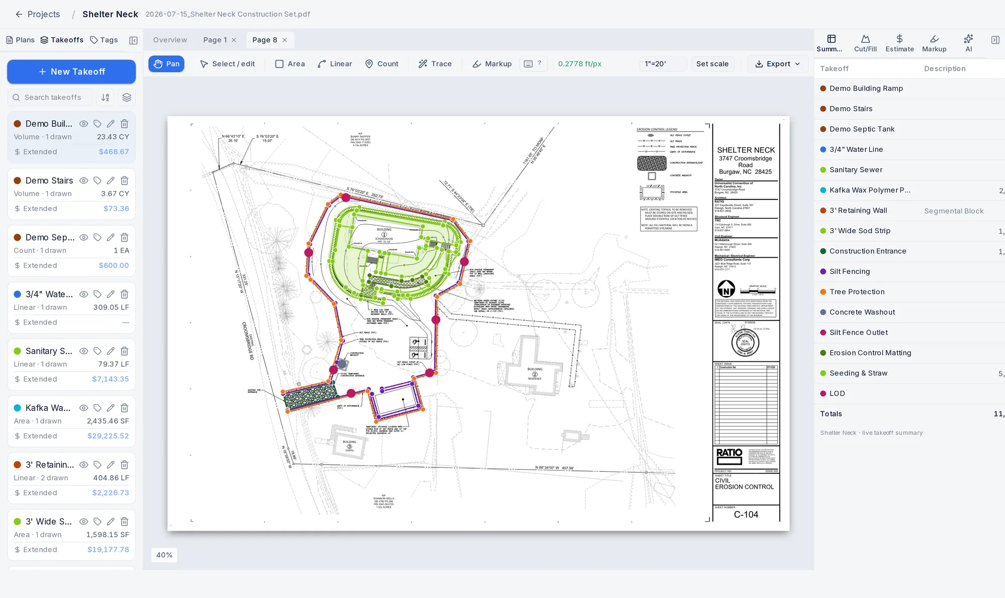 Werx Takeoff workspace showing color-coded earthwork and erosion-control takeoffs on a real Carolina EarthWerx site plan